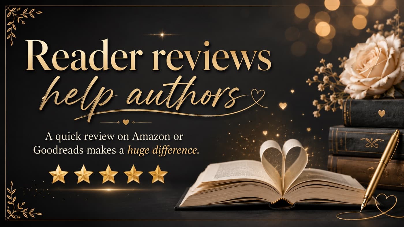 Reader reviews help authors — a quick review on Amazon or Goodreads makes a huge difference.